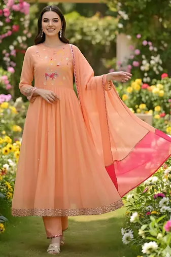 Embroidered Georgette Flared Kurta Pant and Dupatta Set
