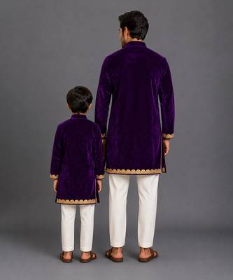 Royal purple embroidered velvet father son kurta combo set 4