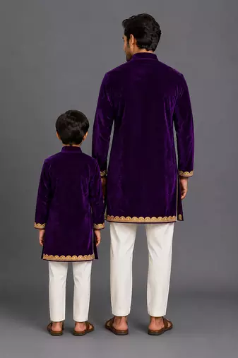 Royal purple embroidered velvet father son kurta combo set