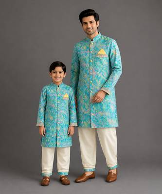Aqua blue printed cotton silk father son kurta combo set 1