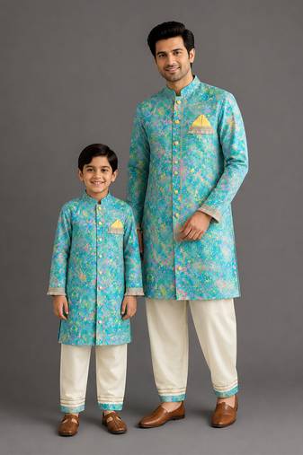 Aqua blue printed cotton silk father son kurta combo set