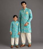 Aqua blue printed cotton silk father son kurta combo set