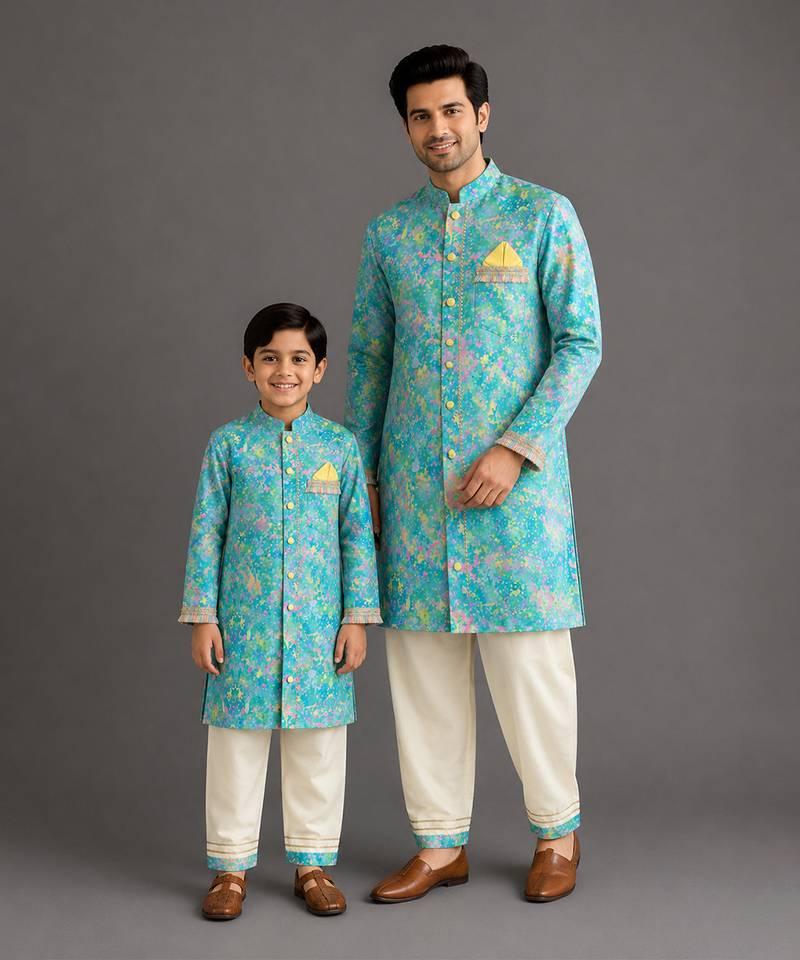 Aqua blue printed cotton silk father son kurta combo set