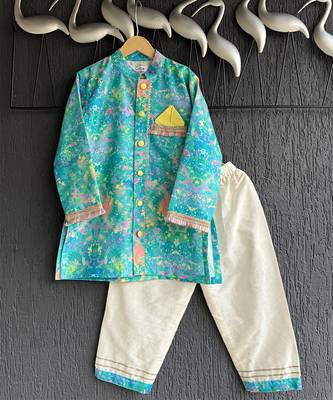 Aqua blue printed cotton silk father son kurta combo set 4
