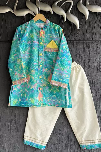 Aqua blue printed cotton silk father son kurta combo set