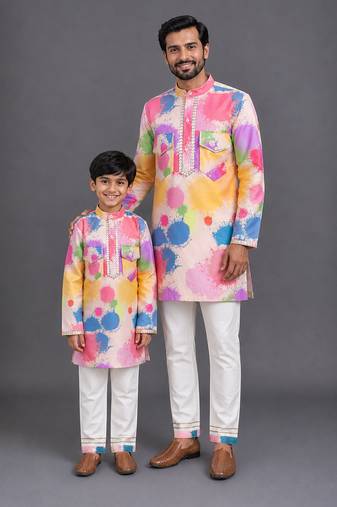White multicolor printed cotton silk father son kurta combo set