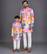 White multicolor printed cotton silk father son kurta combo set