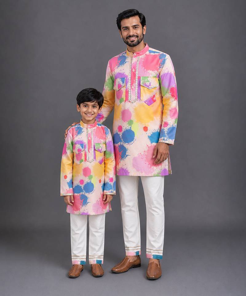 White multicolor printed cotton silk father son kurta combo set