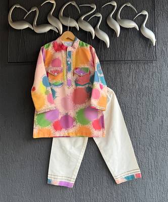 White multicolor printed cotton silk father son kurta combo set 2