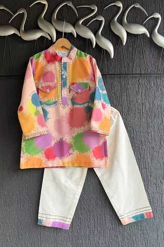 White multicolor printed cotton silk father son kurta combo set