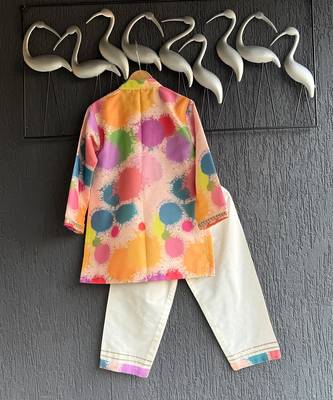 White multicolor printed cotton silk father son kurta combo set 3
