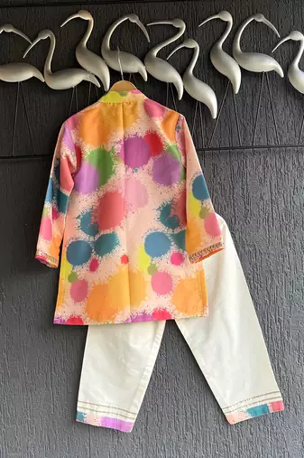 White multicolor printed cotton silk father son kurta combo set