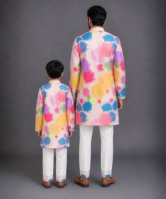 White multicolor printed cotton silk father son kurta combo set 4