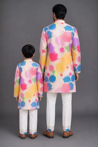 White multicolor printed cotton silk father son kurta combo set