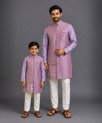 Purple embroidered cotton silk father son kurta combo set 1