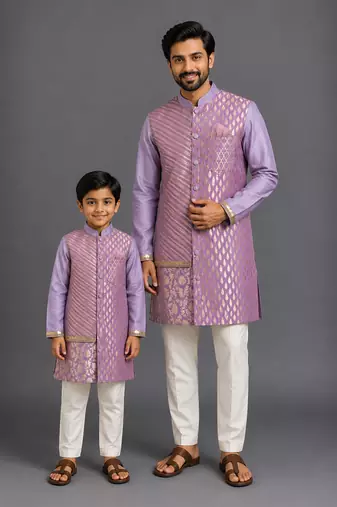 Purple embroidered cotton silk father son kurta combo set
