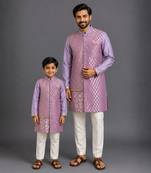 Purple embroidered cotton silk father son kurta combo set