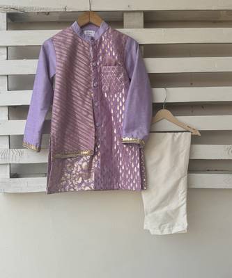 Purple embroidered cotton silk father son kurta combo set 2