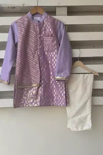 Purple embroidered cotton silk father son kurta combo set