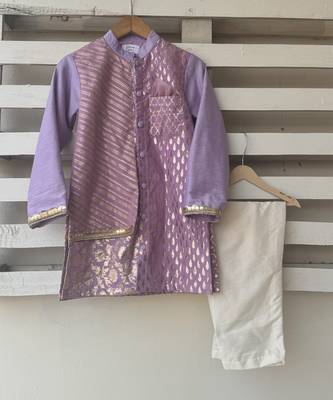 Purple embroidered cotton silk father son kurta combo set 3
