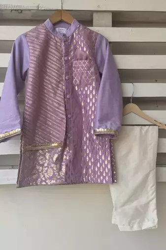 Purple embroidered cotton silk father son kurta combo set