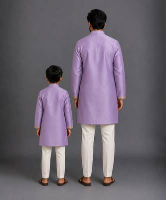 Purple embroidered cotton silk father son kurta combo set 4