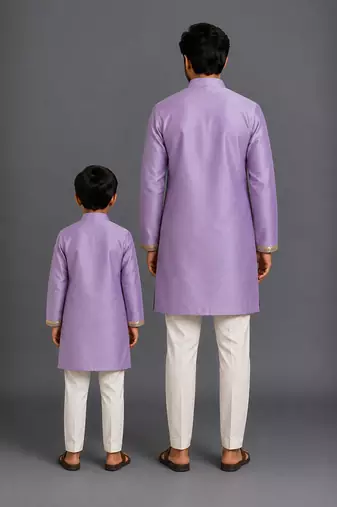 Purple embroidered cotton silk father son kurta combo set