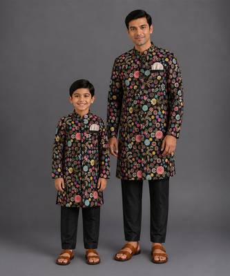Black embroidered cotton silk father son bandhgala combo set 1