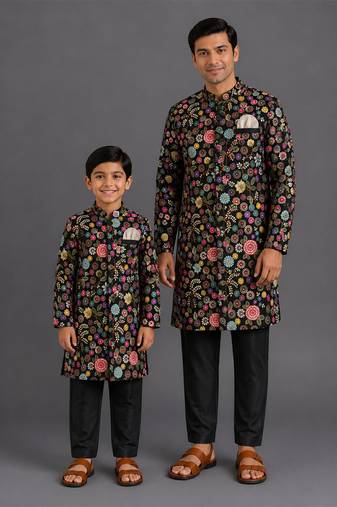 Black embroidered cotton silk father son bandhgala combo set