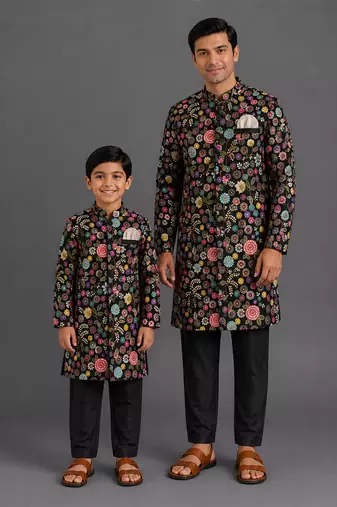 Black embroidered cotton silk father son bandhgala combo set