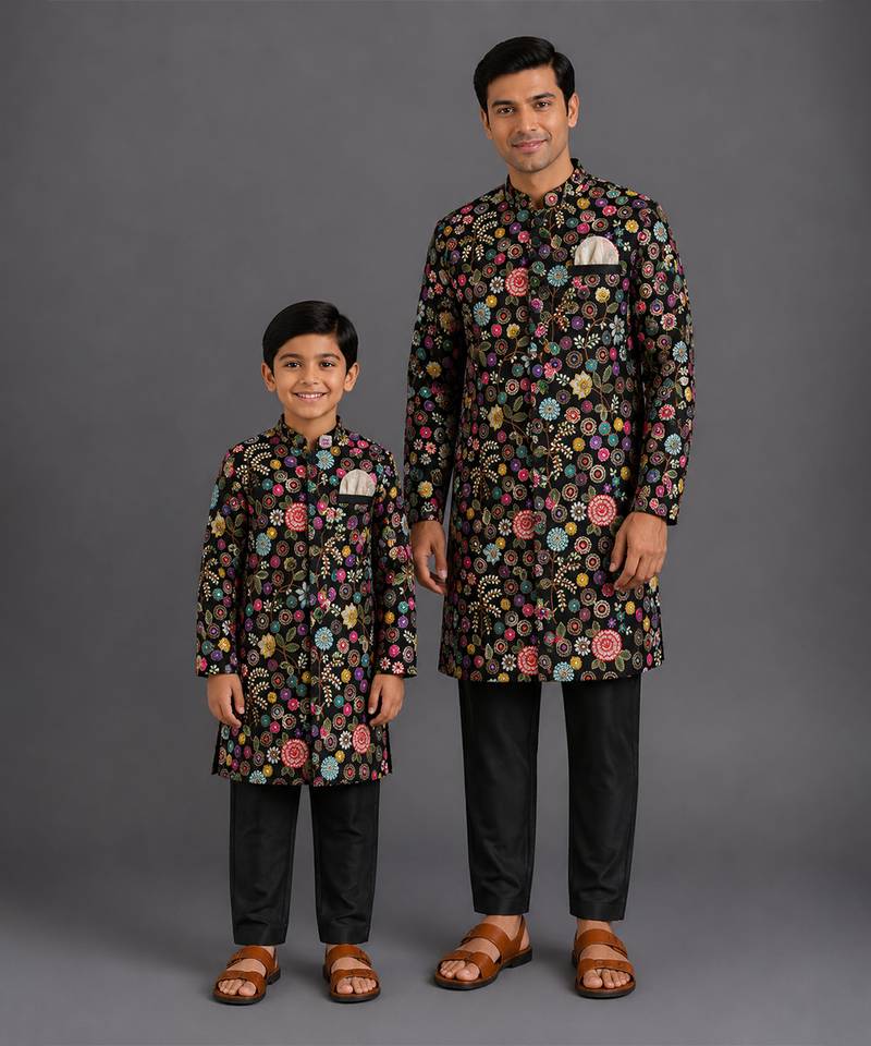 Black embroidered cotton silk father son bandhgala combo set