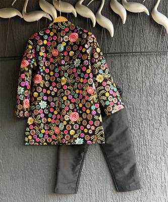 Black embroidered cotton silk father son bandhgala combo set 3