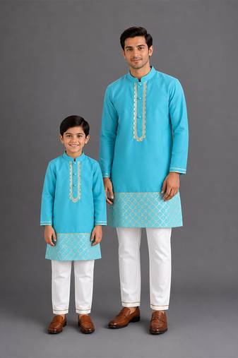 Turquoise blue embroidered cotton silk father son kurta combo set