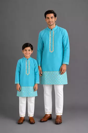 Turquoise blue embroidered cotton silk father son kurta combo set