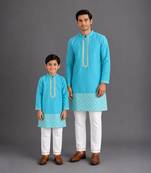 Turquoise blue embroidered cotton silk father son kurta combo set