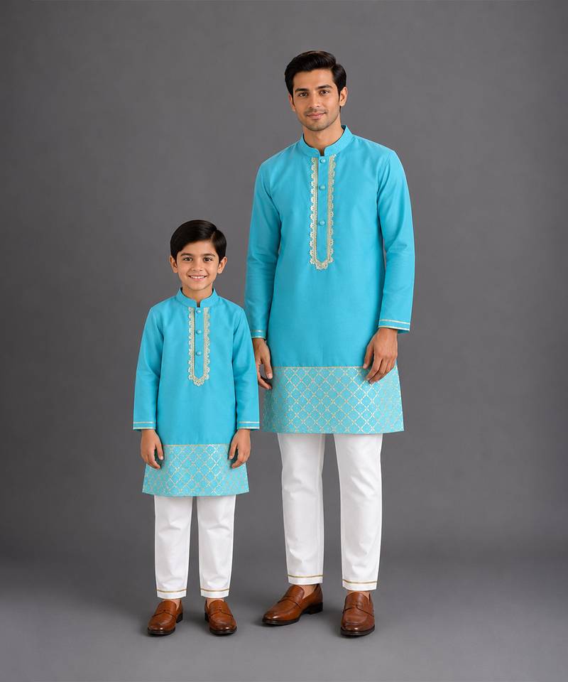 Turquoise blue embroidered cotton silk father son kurta combo set