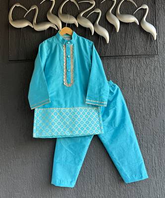 Turquoise blue embroidered cotton silk father son kurta combo set 2