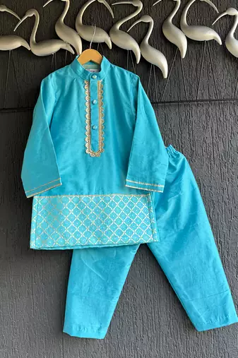 Turquoise blue embroidered cotton silk father son kurta combo set