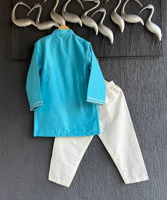 Turquoise blue embroidered cotton silk father son kurta combo set 3