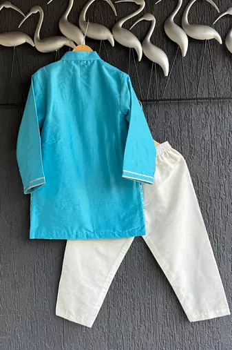 Turquoise blue embroidered cotton silk father son kurta combo set