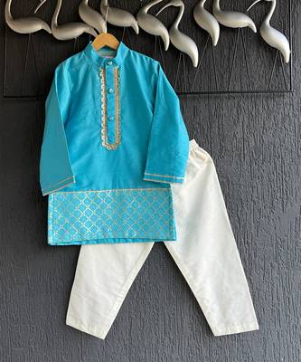 Turquoise blue embroidered cotton silk father son kurta combo set 4