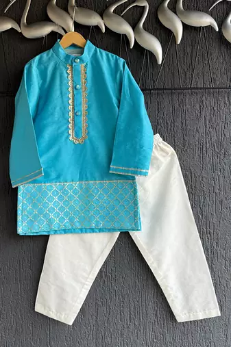 Turquoise blue embroidered cotton silk father son kurta combo set