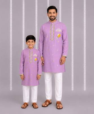 Lavender floral printed cotton silk father son kurta combo set 1