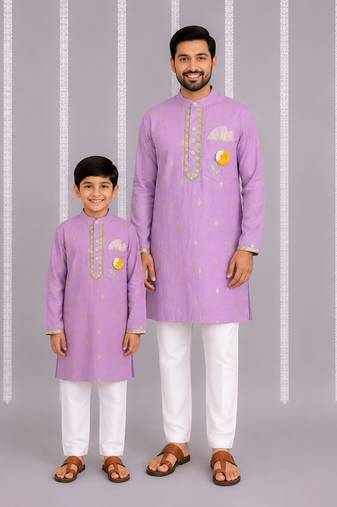 Lavender floral printed cotton silk father son kurta combo set
