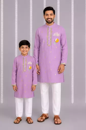 Lavender floral printed cotton silk father son kurta combo set