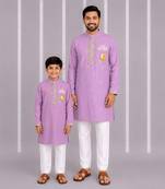 Lavender floral printed cotton silk father son kurta combo set