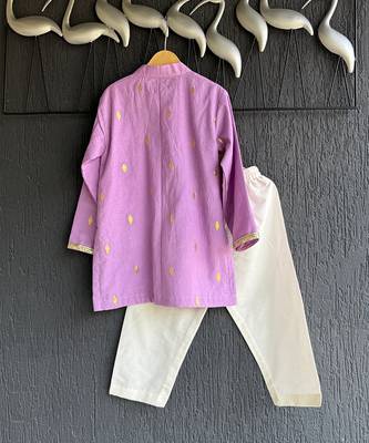 Lavender floral printed cotton silk father son kurta combo set 3