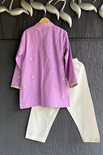 Lavender floral printed cotton silk father son kurta combo set