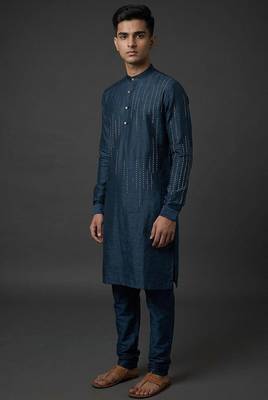 Navy blue silk kurta set for men's 1