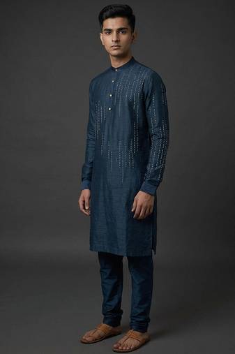 Navy blue silk kurta set for men's